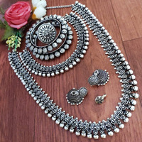Antique Jewelry Indian Jewelry German Silver Necklace Set | Handmade Oxidized Jewelry, Heavy Necklace | Boho Tribal Ethnic Oxidized Jhumka