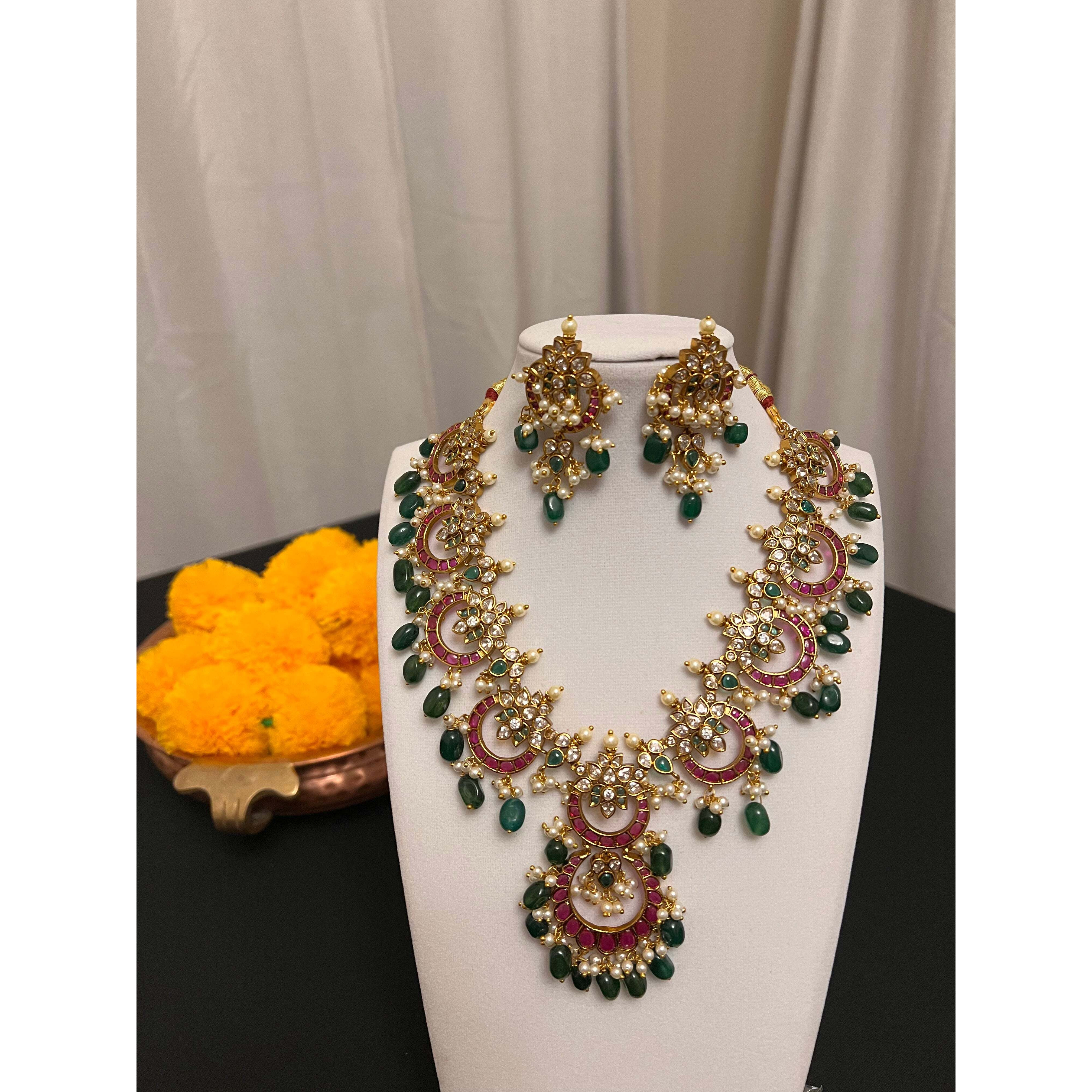 Jadau kundan necklace earring set | Chandbali design necklace set with victorian finish | Green and pink stone