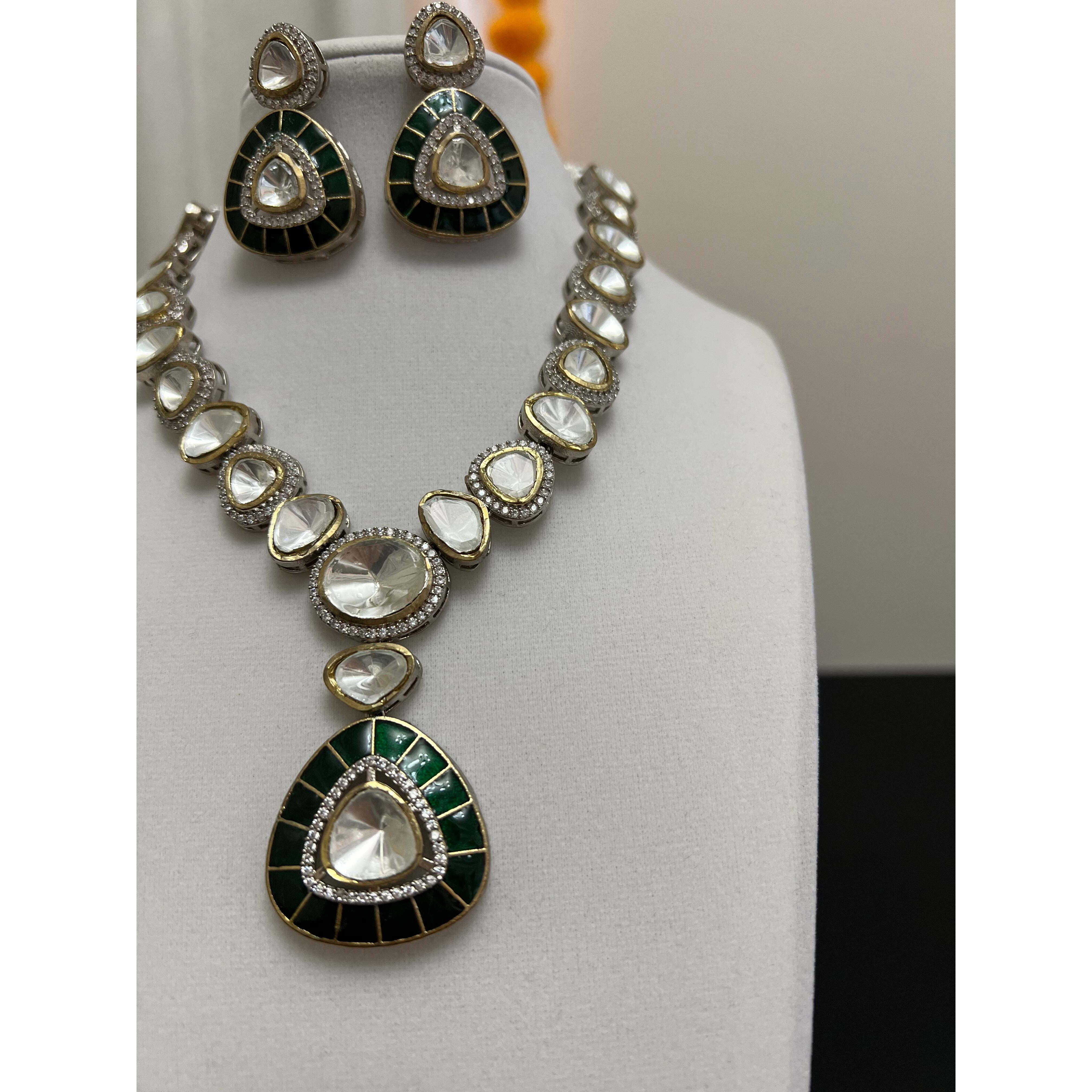 Pachi kundan green pendant and earring | Moissanite necklace set with victorian finish